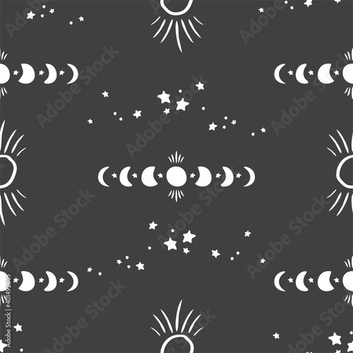 Seamless pattern with moon phases, boho symbols, stars, sun isolated on black. Mystical vintage background for wrapping paper, printing on fabrics, Wallpaper. vector illustration
