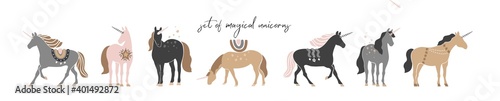 Set of decorative unicorns in vintage boho style isolated on white. Collection of mystical horses with magical, abstract symbols for card, posters, decor. Ethnic wild animals. Flat vector illustration