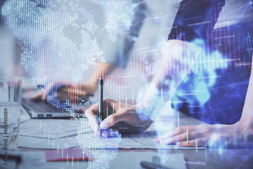 Multi exposure of woman hands typing on computer and financial chart hologram drawing. Stock market analysis concept. Multi exposure of woman hands typing on computer and financial chart hologram drawing. Stock market analysis concept.