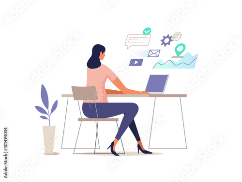 Woman works at the computer. Vector illustration.