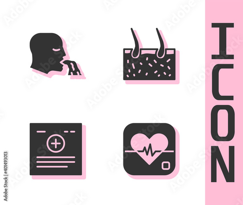 Set Heart rate, Vomiting man, Clinical record and Hair covering skin icon. Vector.