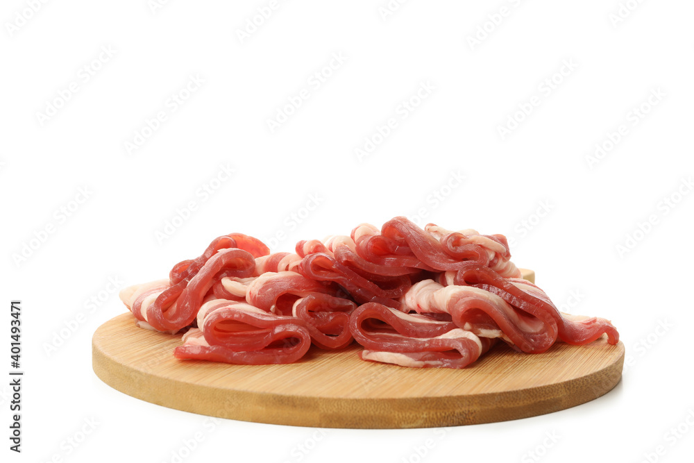 Board with tasty bacon isolated on white background Board with tasty bacon isolated on white background