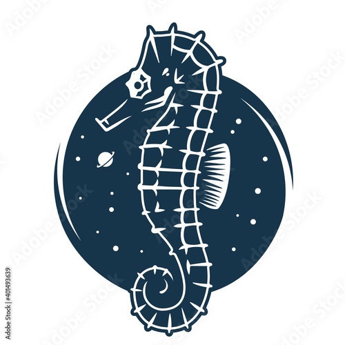 Marine seahorse into space. Nautical sea emblem