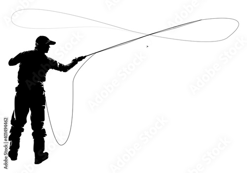 Fly fisherman fishing.clip art black fishing on white background - Vector