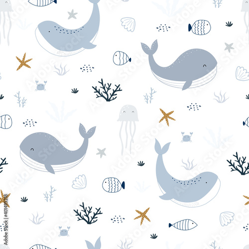Blue whale and marine life Seamless pattern The design used for Fabric pattern, textile, print, wallpaper, wrapping paper vector illustration on white background