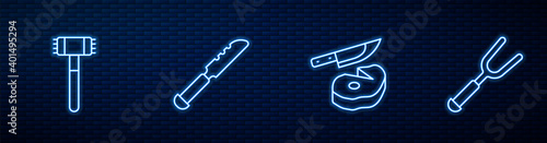 Set line Steak meat and knife, Kitchen hammer, Bread and Barbecue fork. Glowing neon icon on brick wall. Vector.