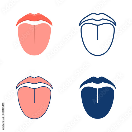 Mouth and tongue icon set in flat and line style