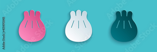 Paper cut Khinkali on cutting board icon isolated on blue background. Traditional georgian dumpling. Paper art style. Vector Illustration.