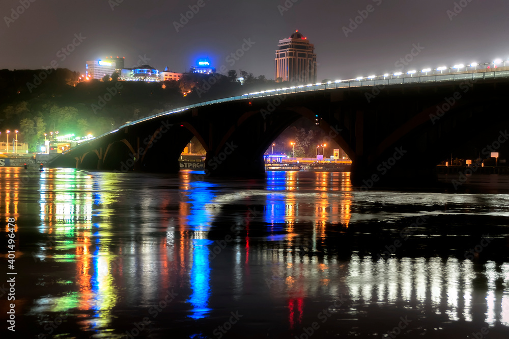 The Metro Bridge is part of the Brovary Parkway spanning across the Dnipro River in Kyiv, the capital of Ukraine.