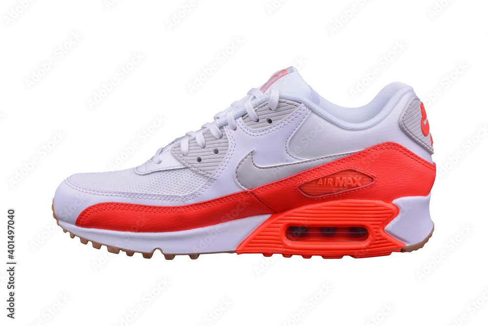 BURGAS, BULGARIA - AUGUST 29, 2016: Nike Air MAX lady's - women's shoes -  sneakers - trainers, in white and orange, illustrative editorial, isolated  on white Stock Photo | Adobe Stock