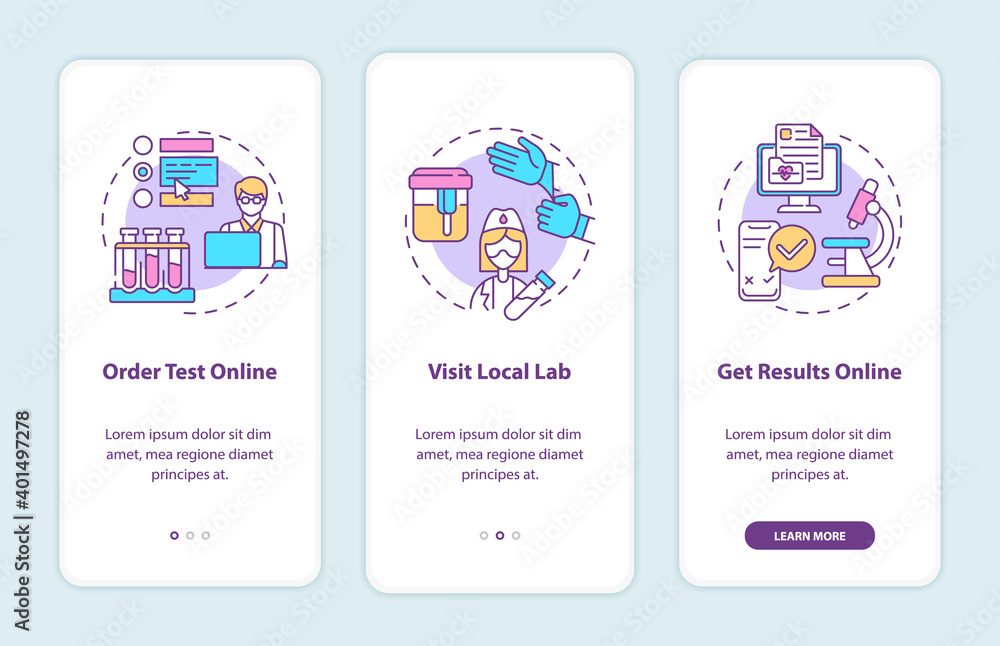 Lab test ordering steps onboarding mobile app page screen with concepts Lab test ordering steps onboarding mobile app page screen with concepts