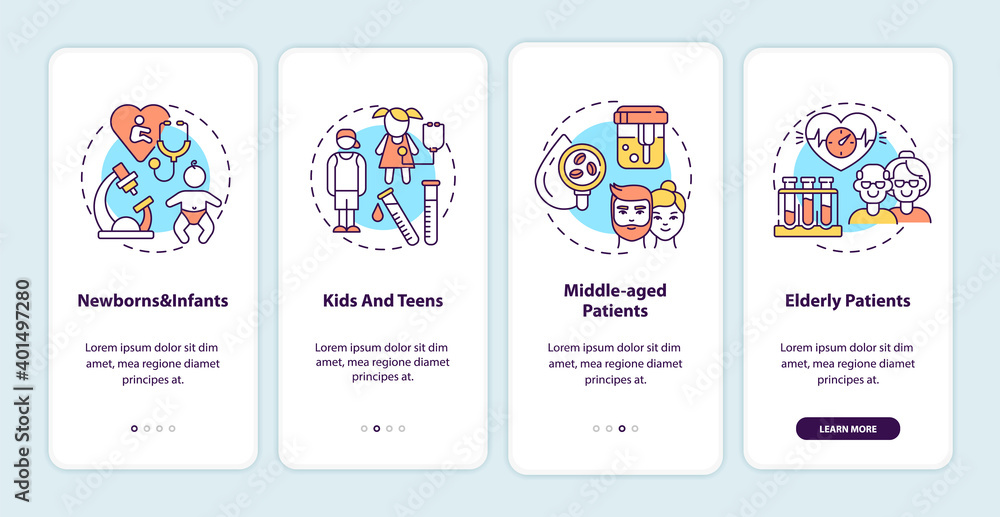 Health screening age groups onboarding mobile app page screen with concepts Health screening age groups onboarding mobile app page screen with concepts