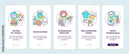 Blood test tips onboarding mobile app page screen with concepts