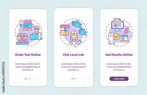 Lab test ordering steps onboarding mobile app page screen with concepts