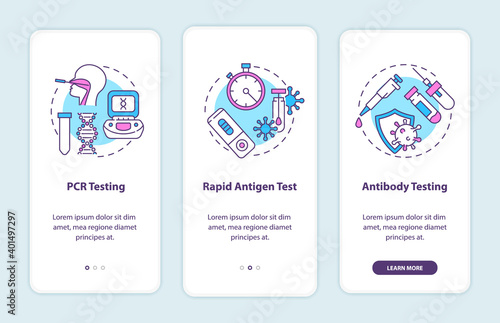 Covid testing types onboarding mobile app page screen with concepts