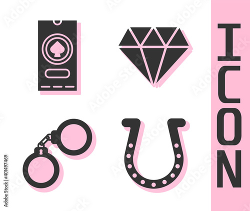 Set Horseshoe, Casino poker tournament invitation, Handcuffs and Diamond icon. Vector. photo