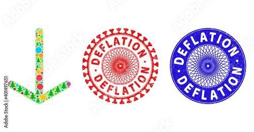 Arrow down mosaic of Christmas symbols, such as stars, fir trees, multicolored round items, and DEFLATION rubber stamp seals. Vector DEFLATION seals uses guilloche ornament,