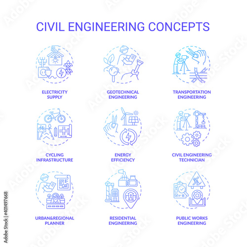 Civil engineering blue gradient concept icons set