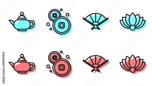Set line Paper chinese folding fan, Chinese tea ceremony, Chinese Yuan currency and Lotus flower icon. Vector.
