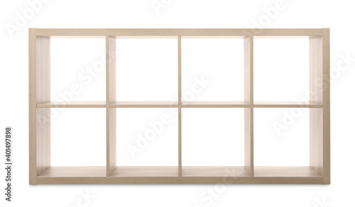 Empty wooden shelving unit for shoes isolated on white