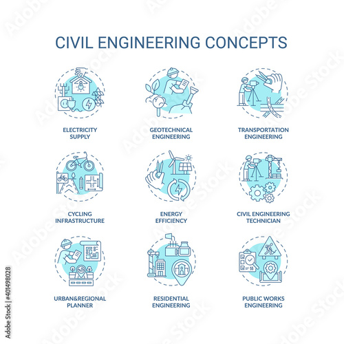 Civil engineering turquoise concept icons set
