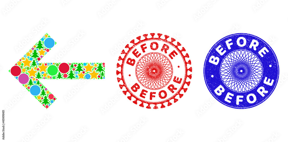 Arrow left collage of New Year symbols, such as stars, fir trees, color spheres, and BEFORE textured stamp seals. Vector BEFORE stamp seals uses guilloche ornament, Arrow left collage of New Year symbols, such as stars, fir trees, color spheres, and BEFORE textured stamp seals. Vector BEFORE stamp seals uses guilloche ornament,