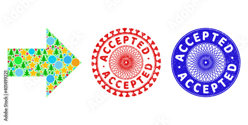 Arrow right composition of New Year symbols, such as stars, fir trees, multicolored spheres, and ACCEPTED corroded stamp seals. Vector ACCEPTED stamp seals uses guilloche ornament,