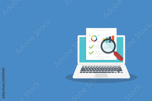 Data analysis, data report online on laptop computer, financial audit research analysis, analytics document web report, stats evaluation. Vector illustration
