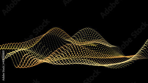 Sound wave from node. Gold interface big data flow. Copy space cover template. Vector swirl isolated flow.