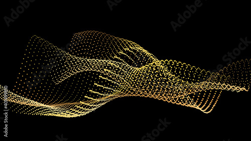 An abstract stream of golden radiance flying in outer space through galaxies and orbits. Star clusters networks.