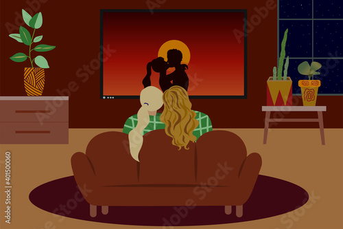 Two lesbians watch romantic movie on TV. Cozy romantic evening at home. Low light. Lgbt love. Flat style interior, room, couch, couple watch television.