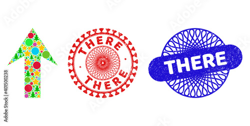 Arrow up collage of Christmas symbols, such as stars, fir-trees, color balls, and THERE grunge seals. Vector THERE imprints uses guilloche ornament, designed in red and blue variants. Stars,