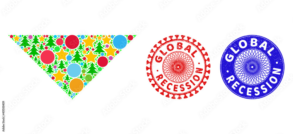 Fototapeta premium Arrowhead down collage of Christmas symbols, such as stars, fir-trees, multicolored round items, and GLOBAL RECESSION dirty stamps. Vector GLOBAL RECESSION stamp seals uses guilloche pattern,