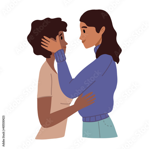 Lesbian female couple hugging, gay couple. Woman hug and kiss. Homosexuality. LGBTQ+ people, lesbians, human rights freedom. Multiethnic characters, african ladies. Love relationship, romantic date.
