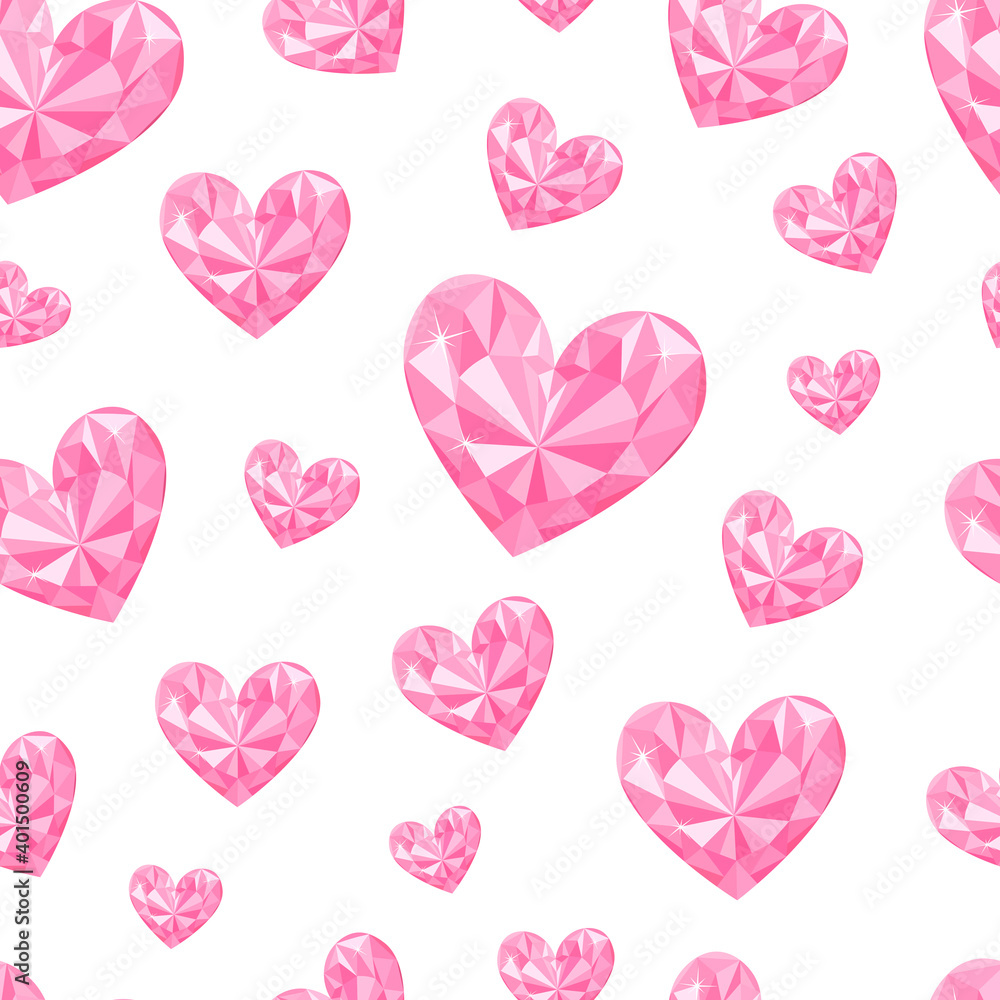 Seamless pattern pink hearts gemstone diamonds vector illustration