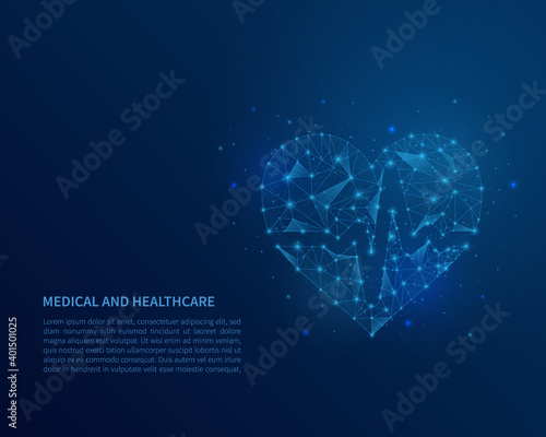 Abstract polygonal wireframe heart on blue background. Medical and healthcare concept. Vector illustration.