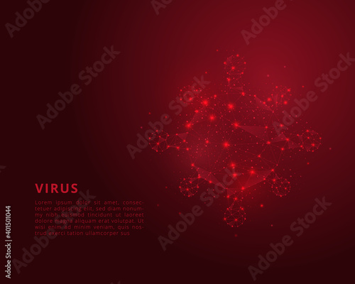 Global virus and disease spread. Covid-19 virus. Abstract polygonal wireframe viral microbe isolated on red background. Vector illustration. 
