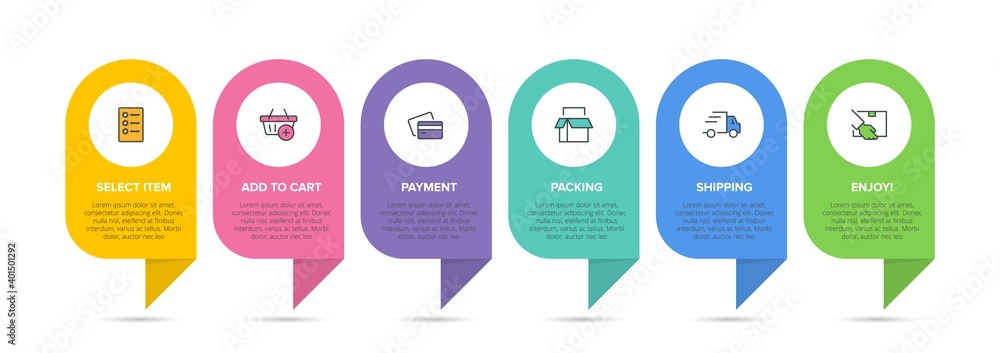 Concept of shopping process with 6 successive steps. Six colorful graphic elements. Timeline design for brochure, presentation, web site. Infographic design layout. Concept of shopping process with 6 successive steps. Six colorful graphic elements. Timeline design for brochure, presentation, web site. Infographic design layout.