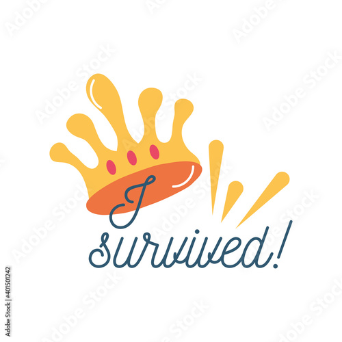 covid 19 virus sticker of survived with crown vector design