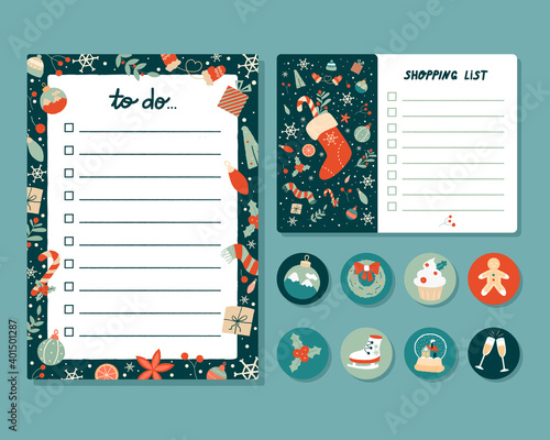 Wish list decorated templates. Set of vintage scandinavian Christmas and New year elements for greeting cards, notes, stickers, labels, tags. Holidays to do, check list for gifts, agenda, planners