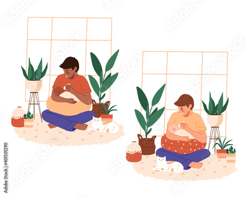 Father feeding newborn son. Baby feeding position set with pillow. Man feeds infant with milk bottle. Father's day banner, clip art. Flat cartoon illustration. Happy Modern fatherhood, parenting
