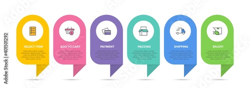 Concept of shopping process with 6 successive steps. Six colorful graphic elements. Timeline design for brochure, presentation, web site. Infographic design layout.