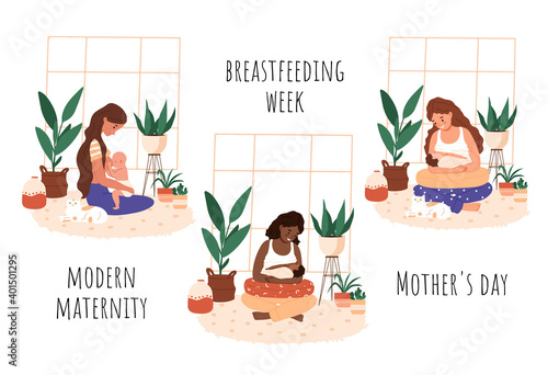 Afro woman breastfeeding her newborn baby in lotus pose, home jungle set. Mother holding infant indoors. Trendy scandinavian hygge interior, living room. Happy motherhood, natural feeding concept