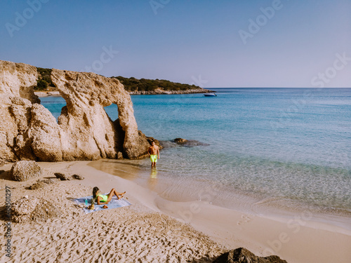 Tropical beach of Voulisma beach, Istron, Crete, Greece ,Most beautiful beaches of Crete island -Istron bay near Agios Nikolaos drone aerial view photo