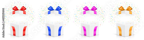 Set of open white gift boxes with different color ribbons, and exploded colorful confetti, isolated on background. Vector mystery box with empty space, for an object, or text placement.