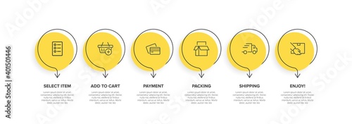 Concept of shopping process with 6 successive steps. Six colorful graphic elements. Timeline design for brochure, presentation, web site. Infographic design layout.