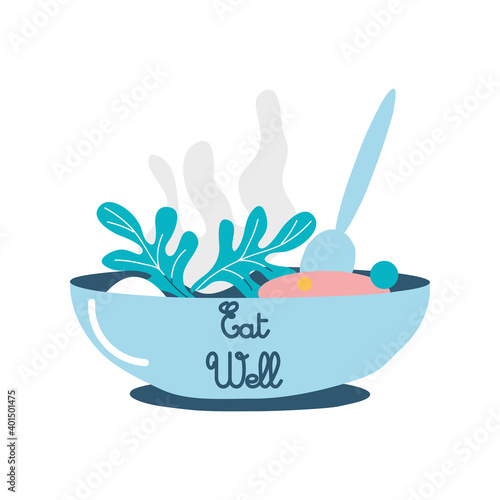 eat well on food bowl with spoon vector design
