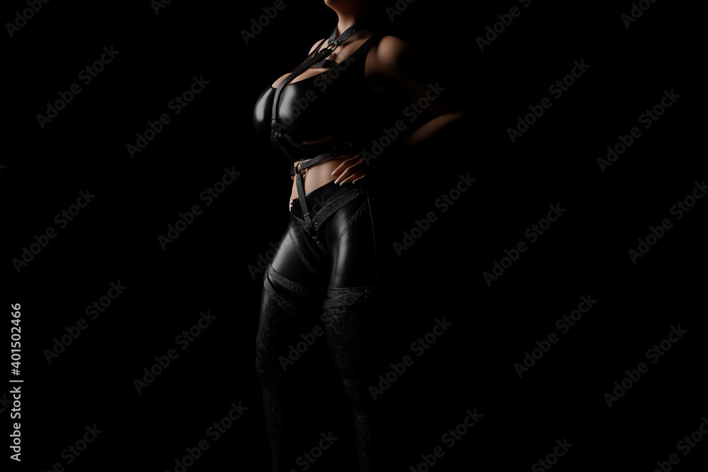 Mistress in shiny black latex costume and leather straps