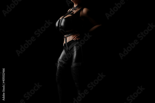 Mistress in shiny black latex costume and leather straps © PixlMakr