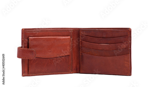 open brown leather wallet isolated on a white background